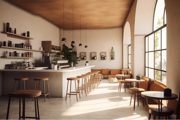 Interior of modern cafe with wooden walls concrete floor and brown chairs 3d rendering