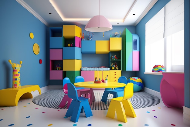 Interior of modern children's room with stylish furniture and toys Kids play room kids bed room Children's hut play tent and toys