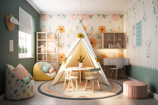 Interior of modern children's room with stylish furniture and toys Kids play room kids bed room Children's hut play tent and toys