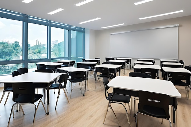 Interior of modern Class room with wooden floor and rows of tables with green chairs