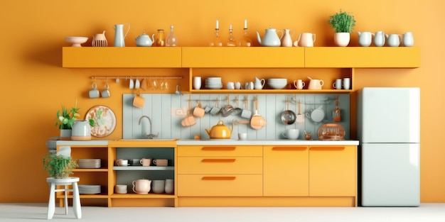 Interior of modern comfortable kitchen Multicolored cups and teapot orange juice in glass and utensils on white furniture refrigerator flowers in pots on shelves light wall in daylight panorama