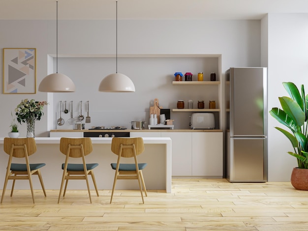 Interior of modern comfortable kitchen with wooden and white details3d rendering