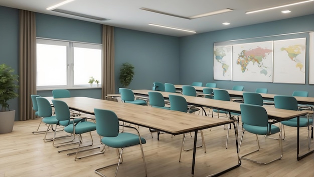 Interior of modern conference room with blue walls wooden floor and rows of tables with green chai