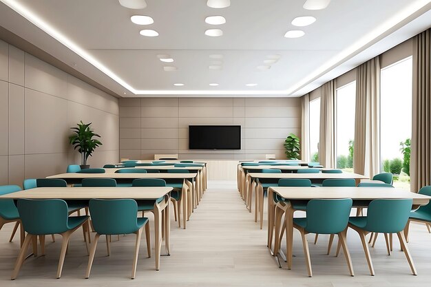 Interior of modern conference room with blue walls wooden floor and rows of tables with green chai