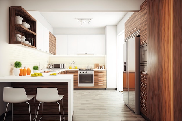 Interior of a modern contemporary kitchen space wood and white colors