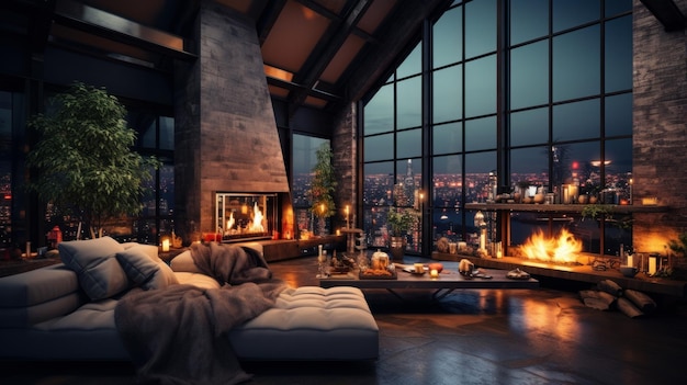 Interior of modern cozy luxurious loft style studio with Christmas decor Blazing fireplace burning candles elegant Christmas tree comfortable cushioned furniture panoramic windows with city view