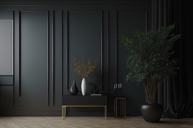 Interior of a modern dark home with an empty wall mockup