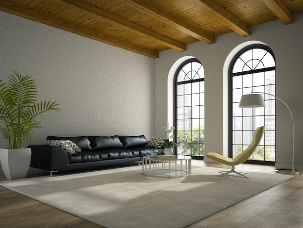 Interior of modern design loft with black sofa 3D rendering