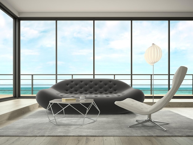 Interior of modern design room with sea view 3D rendering