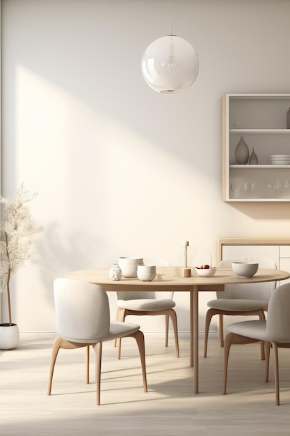 Interior of modern dining room with beige walls wooden floor white round table with beige chairs a