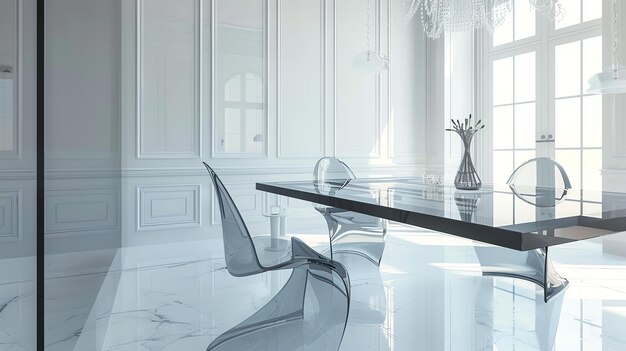 The interior of a modern dining room with a large glass table and several chairs The walls are white and the floor is grey marble