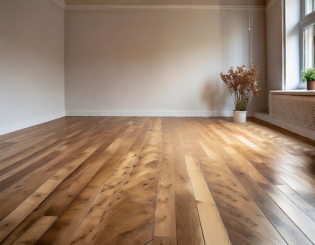 interior of modern empty room with parquet floor and decorative plant