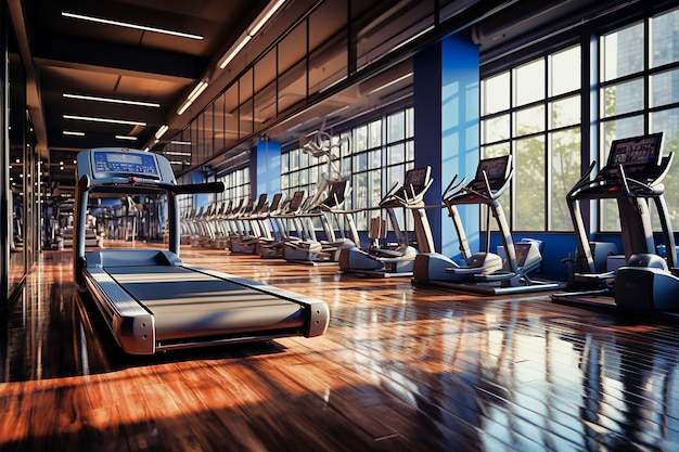 Interior of a modern fitness hall with a row of treadmills