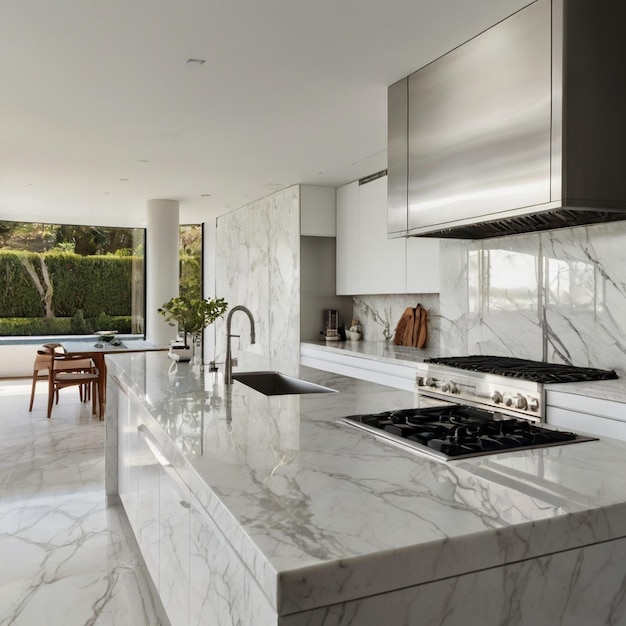 Interior of modern flat Kitchen with freestanding kitchen block