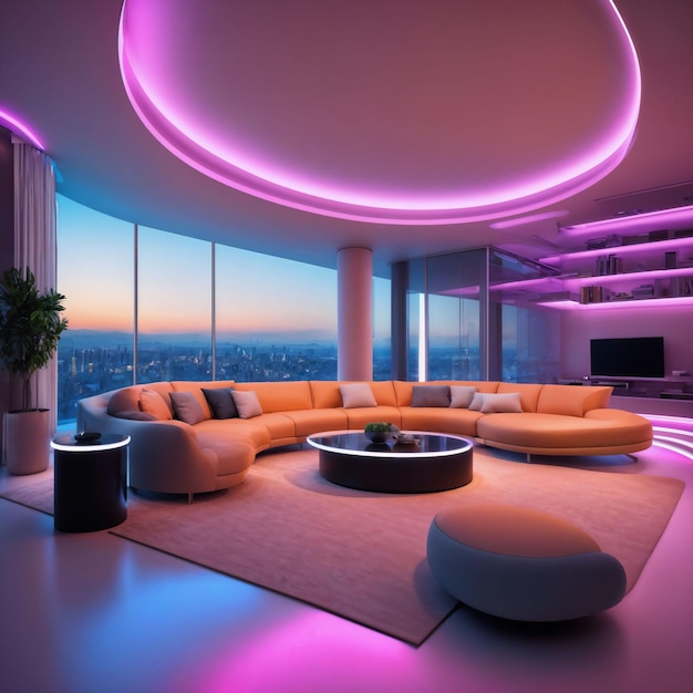 interior of modern futuristic sci fi living room apartment with neon light generative AI