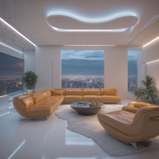 interior of modern futuristic sci fi living room apartment with neon light generative AI