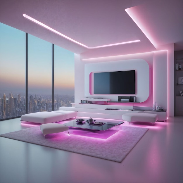 interior of modern futuristic sci fi living room apartment with neon light generative AI