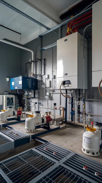 The interior of a modern gas boiler house with boilers pumps valves and a multitude of sensors