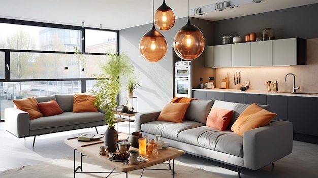 interior of modern house living room dining area and kitchen