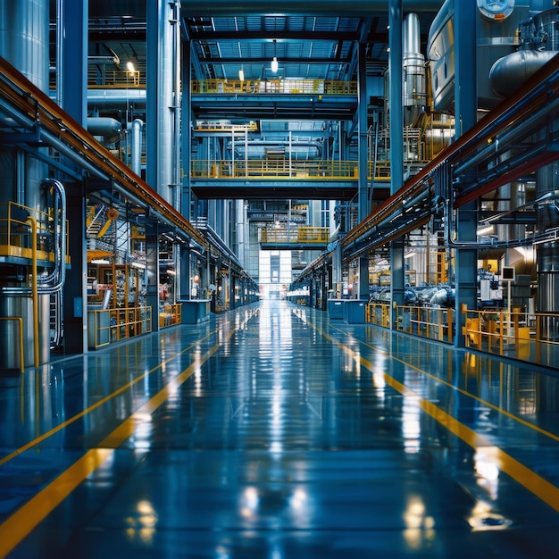 Photo the interior of a modern industrial building with blue epoxy resin flooring