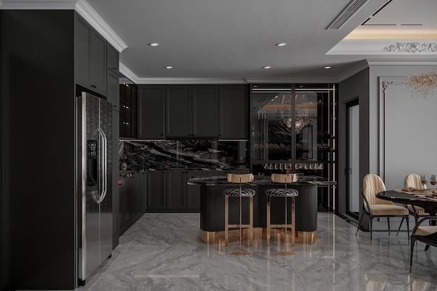 Photo interior of modern kitchen with black and marble flooring everywhere