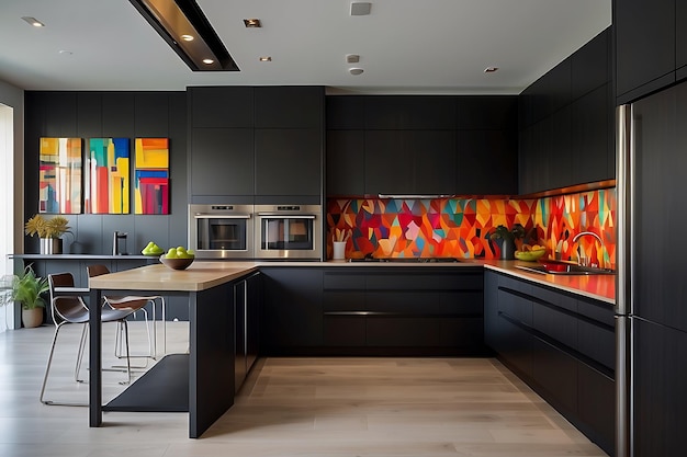 Interior of modern kitchen with black and orange walls concrete floor