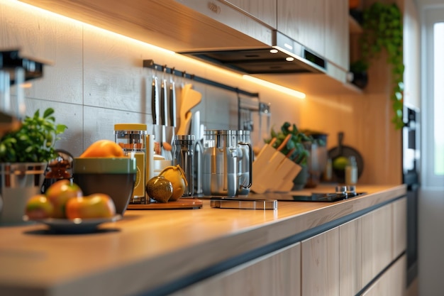 Interior of modern kitchen with builtin appliances