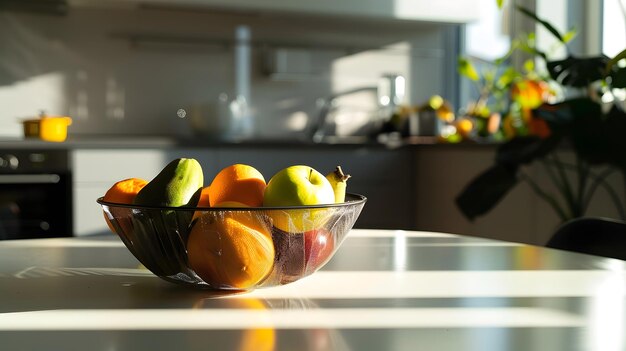 Interior of modern kitchen with fruit basket on dining table Generative AI