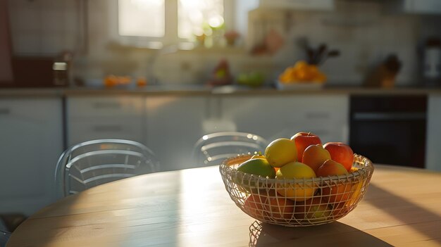 Interior of modern kitchen with fruit basket on dining table Generative AI