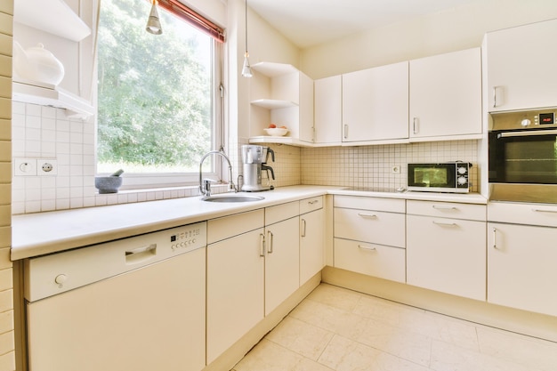 Interior of modern kitchen with white furniture