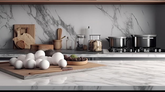 Interior of modern kitchen with white marble countertop and wooden