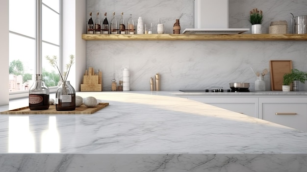 Interior of modern kitchen with white marble countertop and wooden