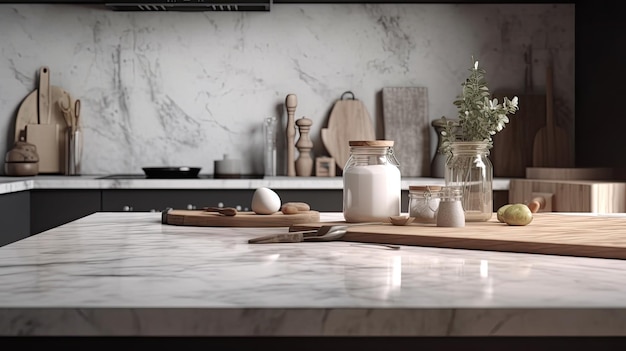 Interior of modern kitchen with white marble countertop and wooden