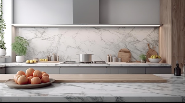 Interior of modern kitchen with white marble countertop and wooden