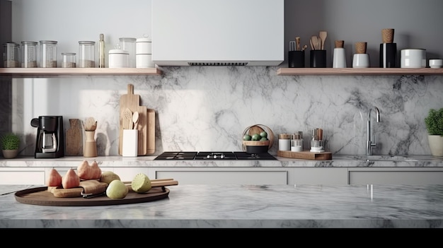 Interior of modern kitchen with white marble countertop and wooden