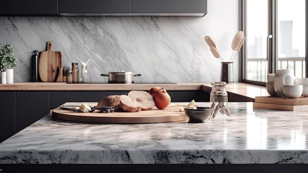 Interior of modern kitchen with white marble countertop and wooden