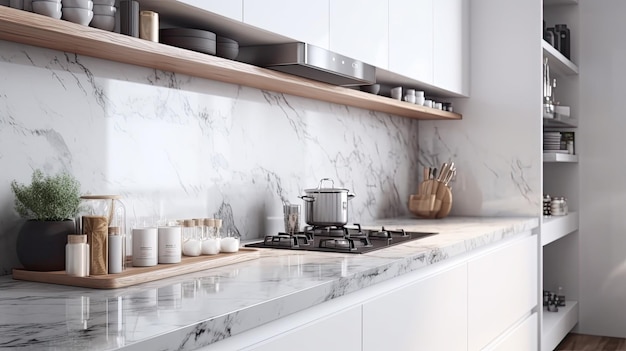 Interior of modern kitchen with white marble countertop and woodenx9