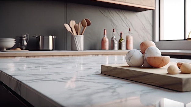 Interior of modern kitchen with white marble countertop and woodenx9