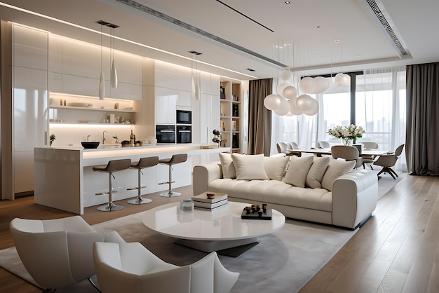 Interior of modern kitchen with white and wooden walls wooden floor beige sofa and coffee table