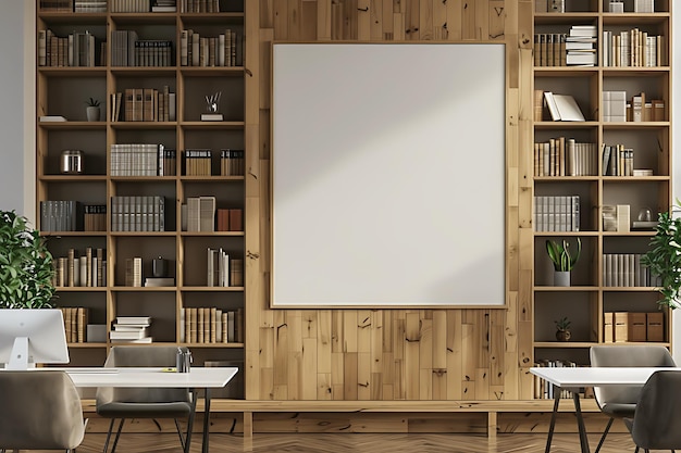 Photo interior of modern library with white walls wooden floor white sofa and bookcase