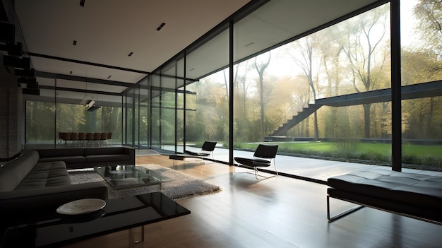 interior of modern living room with big glass wall natural view