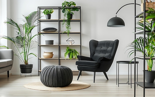 Photo interior of modern living room with black armchair bookshelf and plant