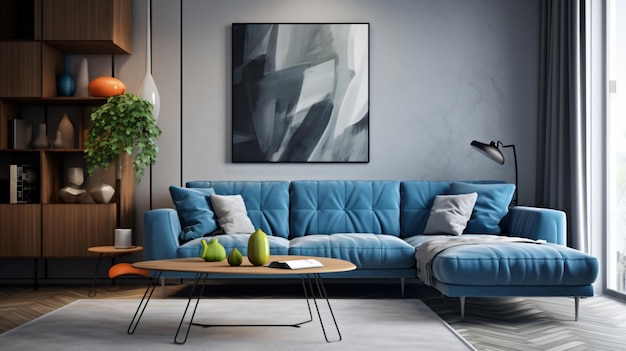 Interior of a modern living room with blue sofa