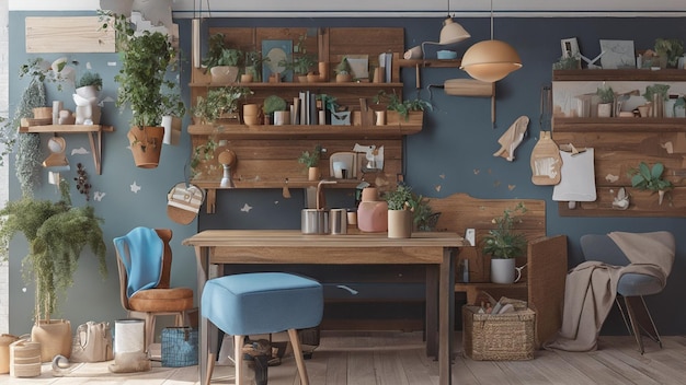 Interior of modern living room with blue wall and wooden furniture