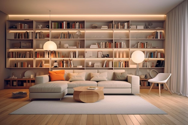 Interior of modern living room with bookshelf and sofa 3D rendering