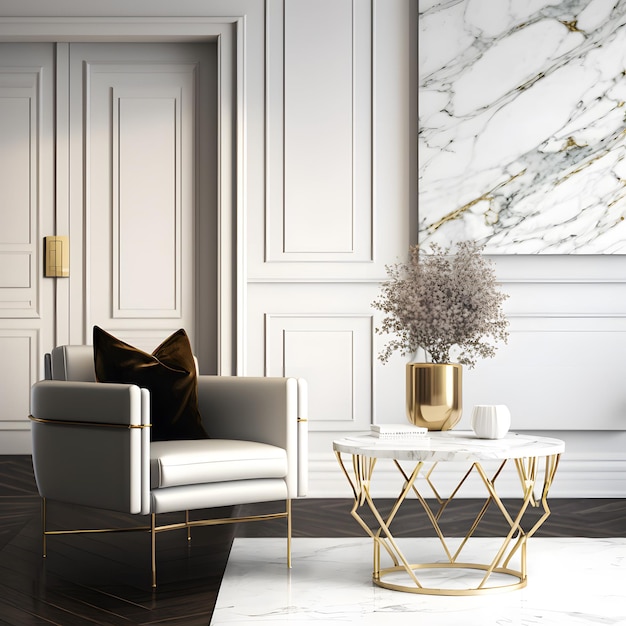 Interior of modern living room with brass coffee table and white armchair empty marble wall Home design 3d rendering