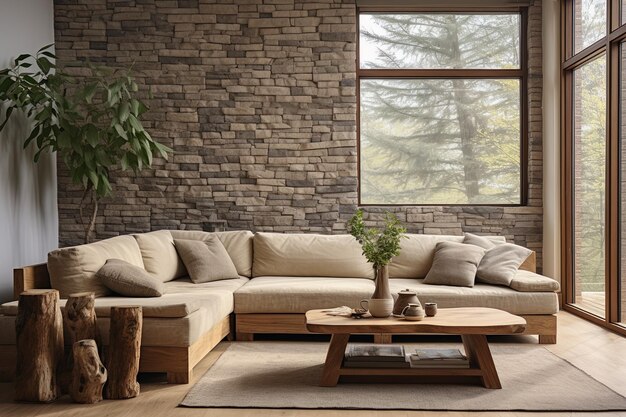 Interior of modern living room with brick wall and brown sofa 3d render