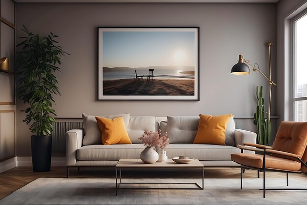 Interior of modern living room with brown sofa coffee table and picture on wall