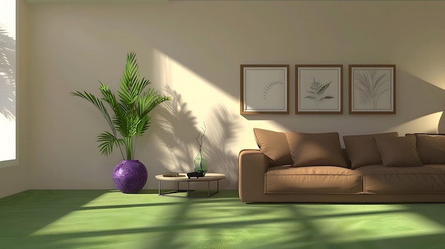 Interior of modern living room with brown wooden walls white sofa and plants 3d rendering