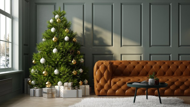 Interior of modern living room with christmas tree 3D rendering